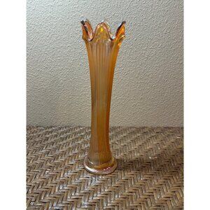 Swung Iridescent Carnival Glass Vase  Vintage Amberina Ribbed Fluted Edge Design